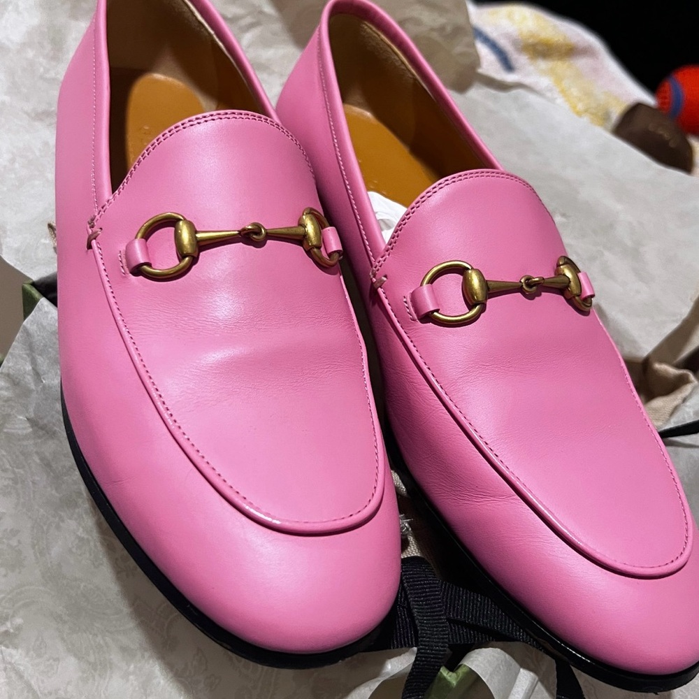 Gucci Pink Leather Loafers with Gold Detail 8.5